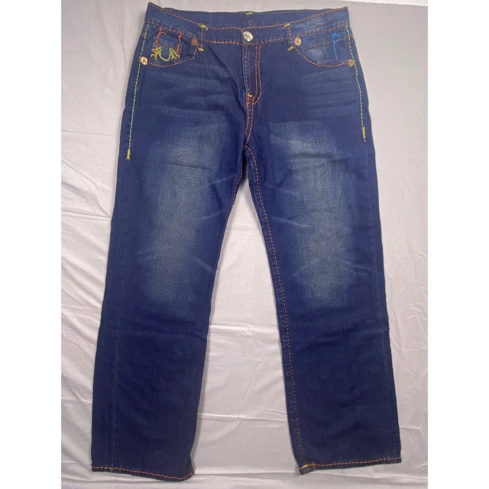 True Religion Joey Super T Jeans Mens 40 Blue Denim Thick Stitch Flap Pocket